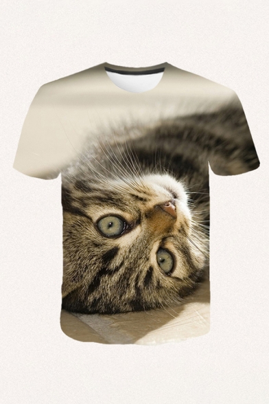 Mens Leisure 3D Top Tee Animal Lying Cats Pattern Round Neck Short Sleeve Regular Fitted Tee Top