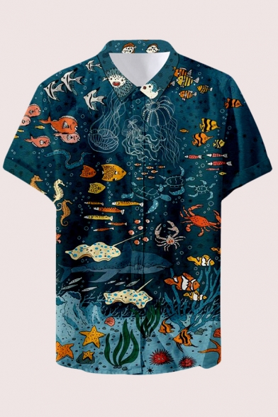 Mens Shirt Unique Fish Crab Seaweed Star Wave Figure Pattern Button up Point Collar Short Sleeve Regular Fit Shirt