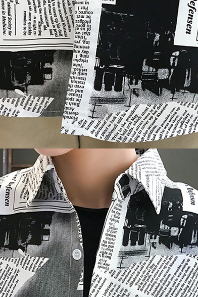 Newspaper Printed Lapel Collar Long Sleeve Buttons Down Shirt