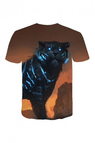 Novelty Mens 3D Tee Top Tiger Stone Painting Round Neck Regular Fit Short Sleeve Tee Top