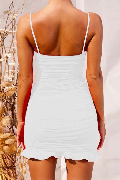 Novelty Womens Solid Color Ruched Ruffle Hem Backless Spaghetti Straps Sleeveless Mini Bodycon Cami Dress