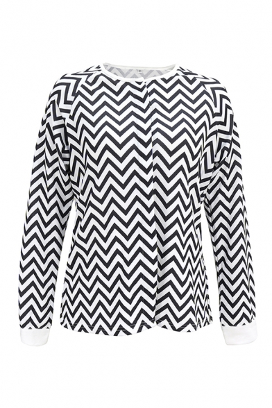 Popular Womens Chevron Printed Long Sleeve Round Neck Relaxed Fit Coat