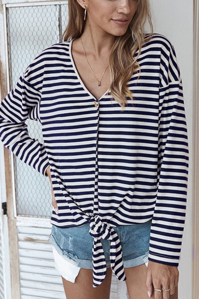 Popular Womens Stripe Pattern Long Sleeve V-neck Button up Tied Hem Relaxed T Shirt