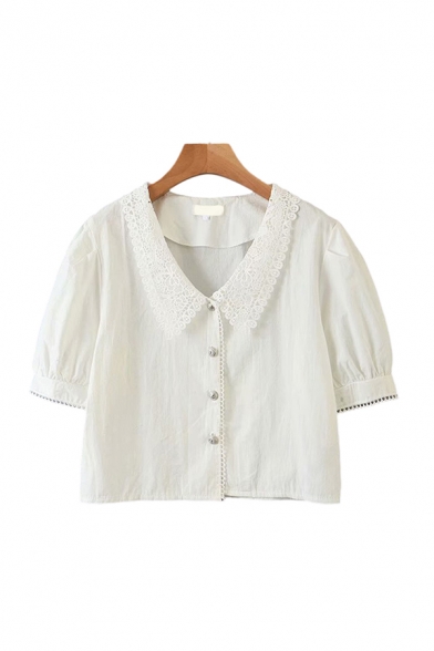 Pretty Ladies Puff Sleeve Point Collar Button Up Relaxed Fit Blouse Top in White