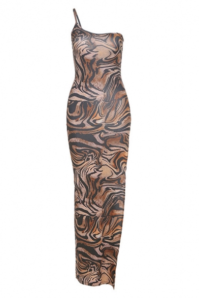 Sexy Womens Tiger Printed One Shoulder Slit Side Short Sheath Cami Dress in Khaki