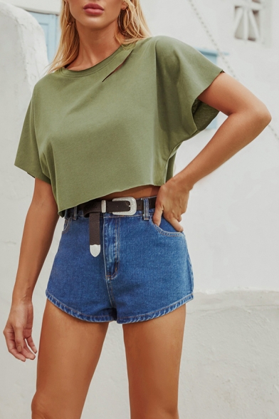 

Simple Womens Solid Color Distressed Crew Neck Short Sleeve Loose Fit Crop Tee Top in Green, LM662251