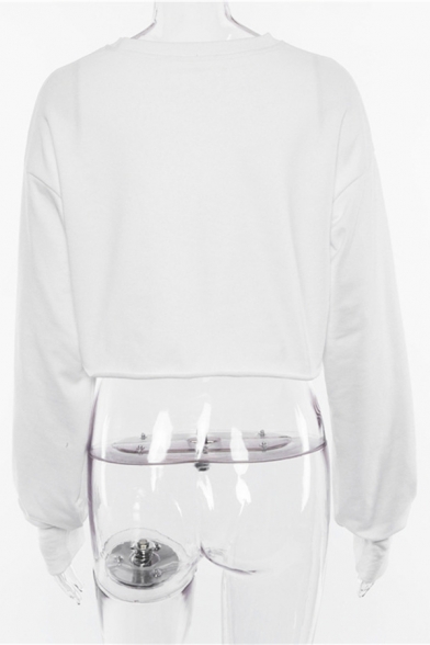 Street White Solid Color Long Sleeve Crew Neck Relaxed Super Crop Pullover Sweatshirt for Women