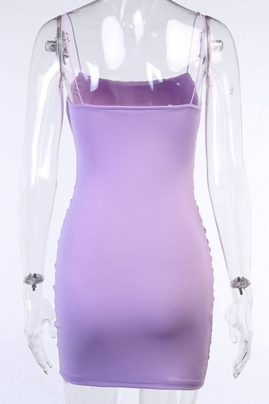 Stylish Solid Color Spaghetti Straps Ruched Mini Sheath Cami Dress in Purple