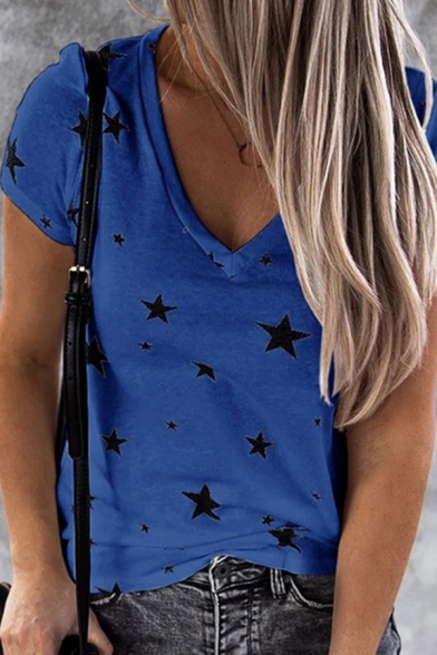Stylish Star Printing Deep V Neck Short Sleeve Regular Fit T-Shirt for Girls