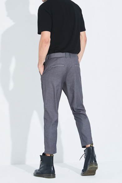 Trendy Tapered Pants Solid Color Zipper Button Pocket Mid Rise Regular Fitted Ankle Length Tapered Pants