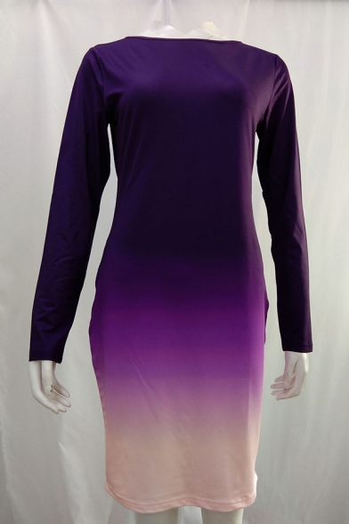 Unique Ombre Gathered Waist Off the Shoulder Long Sleeve Midi Bodycon Dress for Women