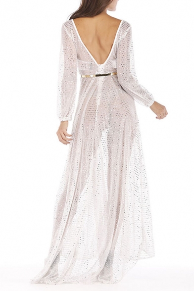 Unique Sequins Decoration See-through Mesh Long Sleeve V-neck Maxi Pleated Flowy Dress in White