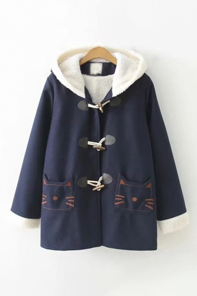 Winter's New Arrival Cute Cartoon Bear Claw Embroidered Toggle Button Front Tunic Coat