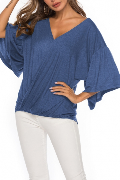 Casual Womens Solid Color High Low Hem Twist Front V Neck Bell Sleeve Relaxed Fit Tee Top