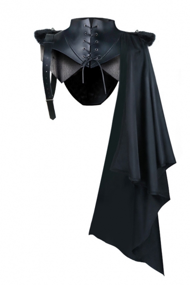 Cool Lace-up Front Leather Hooded Strap Shawl in Black