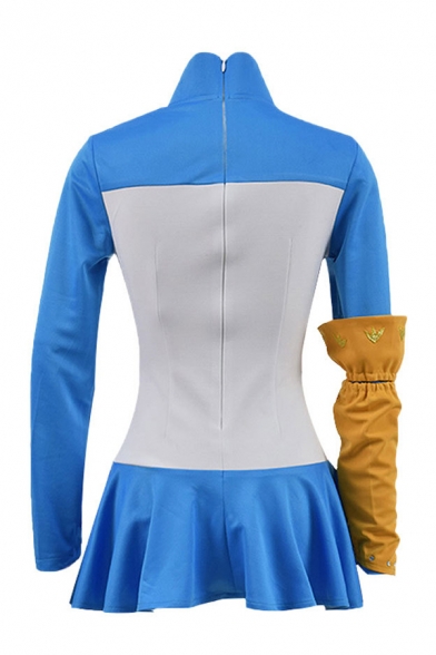 Cool Long Sleeve Stand Collar Panel Contrasted Fit Tee Top & Mini Pleated Skirt Blue Set with Glove