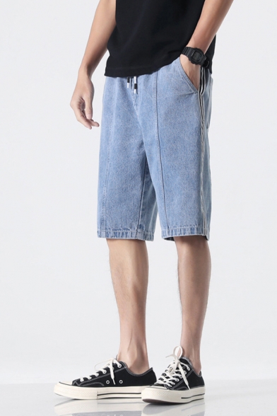 Fancy Jean Shorts Light Wash Striped Printed Tape Pocket Drawstring Mid Rise Regular Fitted Jean Shorts for Men