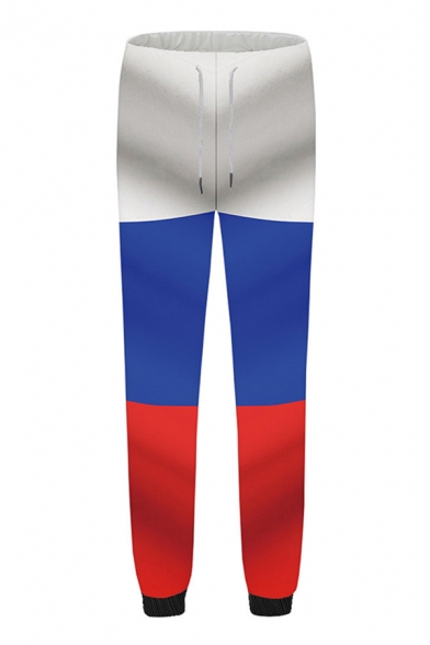 Fashion Mens 3D Leisure Pants Color Block Pattern Cuffed Pocket Drawstring Straight Fit Mid Rise Full Length Leisure Pants