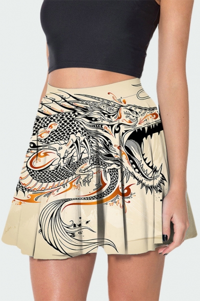 Fashionable Womens Skirt Roaring Dragon 3D Pattern Mini Skater Skirt in Khaki