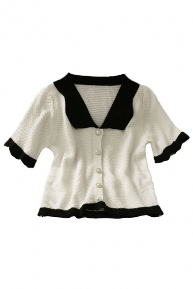 Gorgeous Ladies Color Block Patched Pearl Button Up Turn Down Collar Short Sleeve Regular Fit Crop Blouse