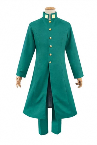 Green Anime Long Sleeve Contrasted Stand Collar Button Up Slit Long Regular Jacket & Straight Pants Co-ords for Guys