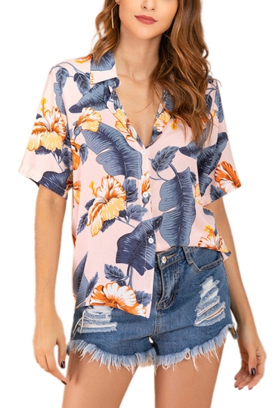 Leisure Ladies Allover Floral Printed Short Sleeve Spread Collar Button up Loose Fit Shirt Top in Pink