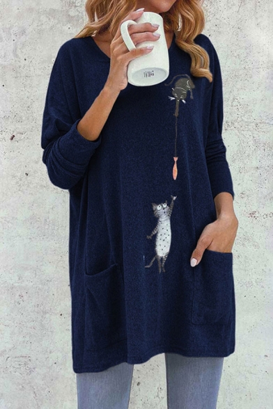 Lovely Cat Pattern Long Sleeve Round Neck Pockets Side Tunic Relaxed Fit T-shirt for Girls