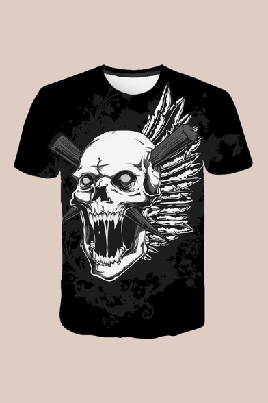 Mens 3D T-Shirt Stylish Skull Wood Stake Wing Fire Pattern Crew Neck Short Sleeve Regular Fitted T-Shirt