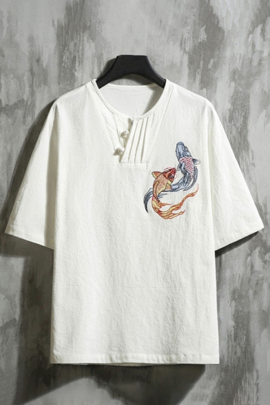 Mens Fashion T-Shirt Fish Printed Chinese Style Button Neck Short-sleeved Loose Fit T-Shirt
