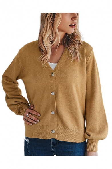 Popular Womens Solid Color Blouson Sleeve V-neck Button Up Relaxed Fit Knit Cardigan