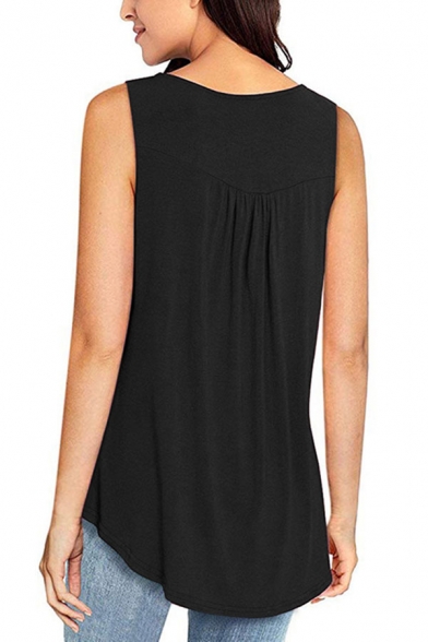 Popular Womens Solid Color Sleeveless V-neck Button-up Ruched Relaxed Fit Tank Top