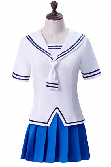 Preppy Looks Stripe Printed Short Sleeve Sailor Collar Slit Fit Tee & Mini A-line Pleated Skirt Set