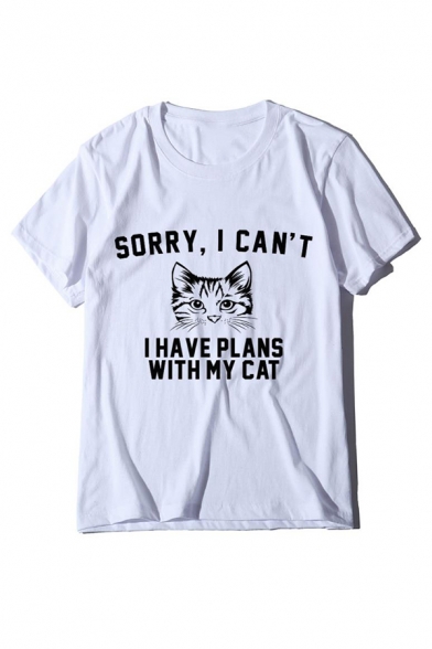 SORRY I CAN'T Letter Cat Printed Round Neck Short Sleeve Tee