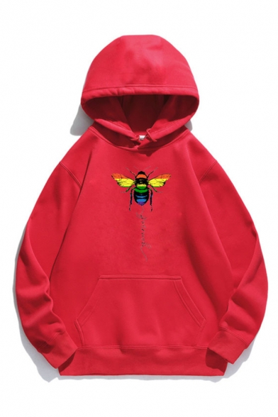 Stylish Bee Graphic Long Sleeve Pouch Pocket Loose Fit Hoodie