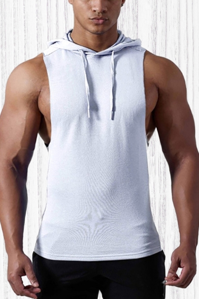 Trendy Mens Tank Top Solid Color Drawstring Slim Fitted Sleeveless Hooded Tank Top