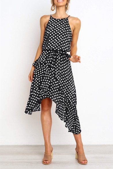 Trendy Summer Ladies Polka Dots Printing Stringy Selvedge Tie Waisted Sleeveless Straps Halter Midi Asymmetric A-Line Dress