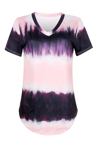 Unique Tie Dye Striped Printed Curved Hem V Neck Short Sleeve Loose Fit Tunic Purple Tee for Women