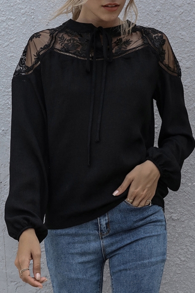 Black Popular Floral Embroidery Sheer Mesh Patchwork Tie Neck Bishop Long Sleeve Relaxed Fit T-Shirt for Women