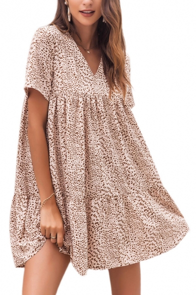 Casual Womens Leopard Printed Short Sleeve V-neck Ruffled Short Pleated Swing Dress in Apricot