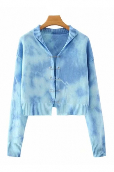 Chic Womens Tie Dye Printed Pin Decoration Long Sleeve Knit Relaxed Crop Cardigan in Blue