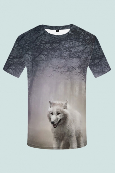 Classic Mens 3D Tee Top Tree Wolf Pattern Round Neck Slim Fit Short Sleeve Tee Top