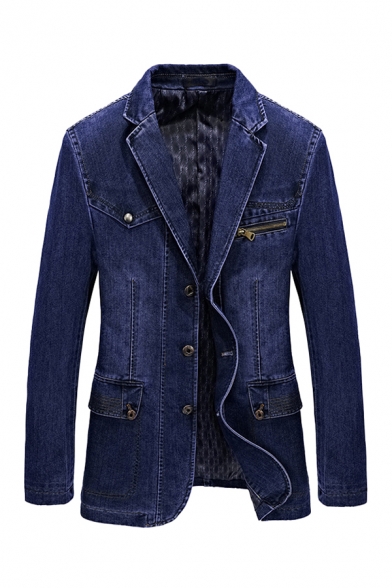 Classic Mens Denim Jacket Dark Wash Pockets Zipper Embellished Lapel Collar Button up Long Sleeve Slim Fit Denim Jacket