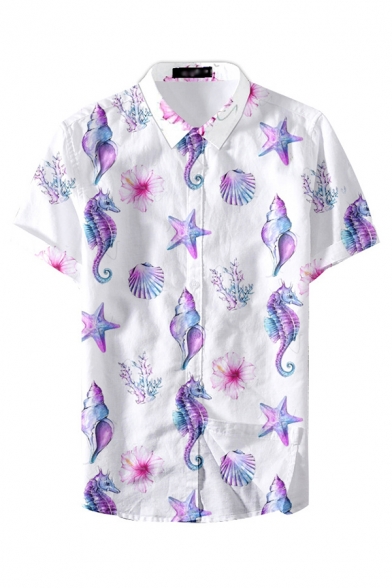 Cool Mens Shirt Sea Star Seahorse Conch Floral Pattern Button-down Short Sleeve Point Collar Regular Fit Shirt