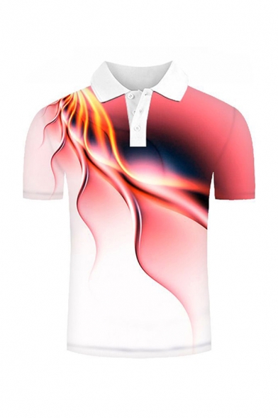 Cozy Mens 3D Polo Shirt Distorted Light Lines Pattern Contrast Trim Button Short Sleeve Regular Fit Spread Collar Polo Shirt