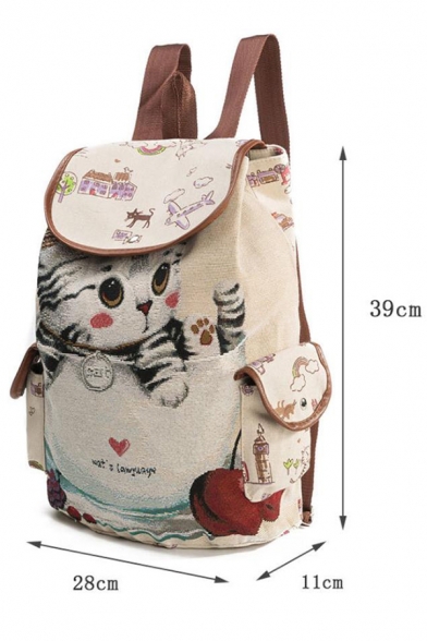 Cute Cartoon Cat Pattern Beige Travel Bag School Backpack with Side Pockets 28*11*39 CM