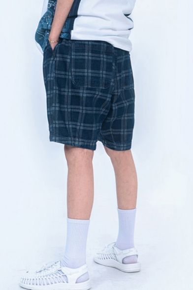Dressy Shorts Plaid Pattern Applique Pleated Pocket Drawstring Mid Rise Relaxed Fitted Shorts for Men