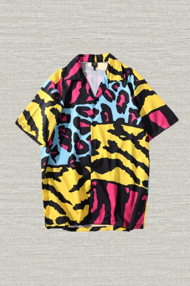 Fashion Mens Shirt Color Block Leopard Zebra Pattern Button down Loose Fit Short Sleeve Notch Collar Shirt