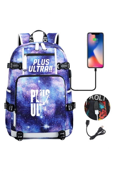 Fashionable Geo Starry Sky Letter Plus Ultra Graphic Patched Pockets Large Capacity Backpack