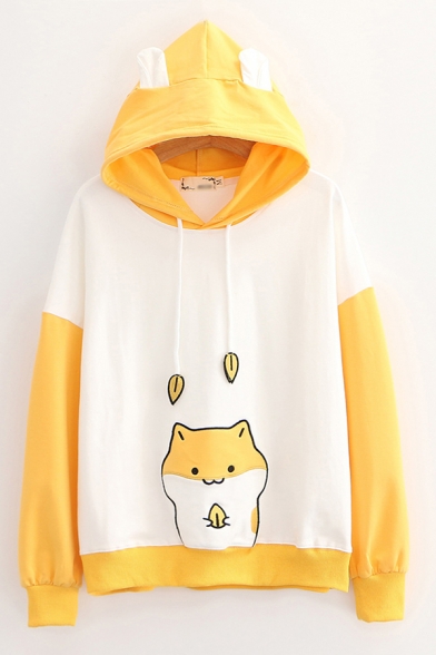 Fashionable Girls Hamster Printed Contrasted Long Sleeve Drawstring Loose Fit Hoodie