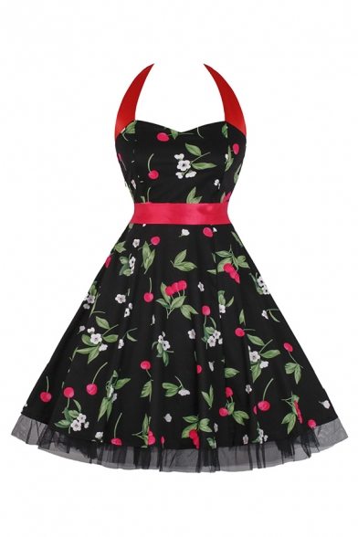 Glamorous Ladies Cherry Printed Pleated Bow Backless Patchwork Mesh Trim Straps Halter Sleeveless Midi Swing Dress